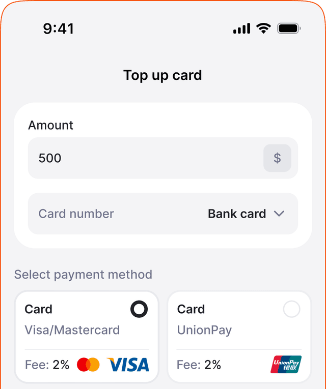 Top up card mobile app screen